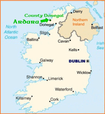 Map showing position of Ardara, County Donegal within Ireland